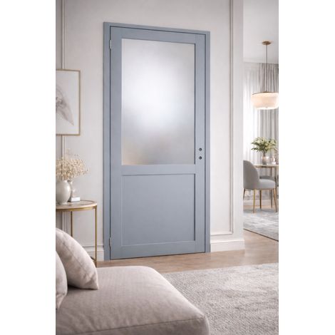 Bloc Porta Athena Grigio Chiaro Vetrata H204 x L73 cm, lato tavolo P. destro, GD MENUISERIES
