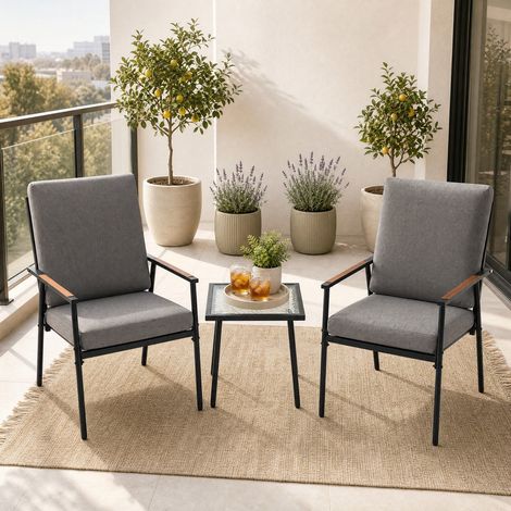 Salon de jardin gris 3 pièces avec 2 fauteuils en métal et table en verre trempé, coussins pour balcon, terrasse et jardin (1/5)