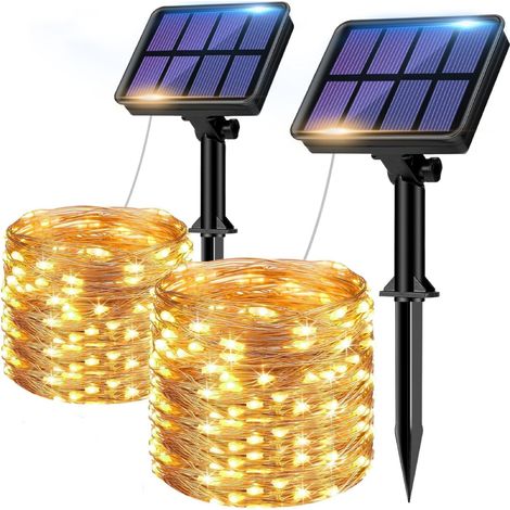 Lot de deux guirlandes lumineuses solaires d'extérieur , 150 LED étanches , 8 modes de décoration , idéales pour jardin , terrasse , cour , Noël , mariage , blanc chaud (1/5)