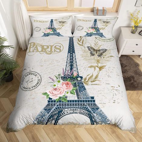 Paris Housse de Couette Tour Eiffel Parure de Lit 200x200cm pour Enfants Ados Décor Paris Cityscape Ensembles de Housse de Couette Old Fashion 3Pcs - 200x200cm (1/5)