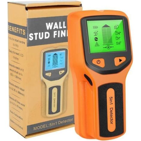 Détecteur de goujon mural - Professionnel - 5-en-1 - écran LCD - Sans fil - Orange/Argent foncé