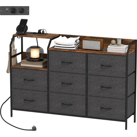 Commode de rangement avec station de recharge 130,5 x 30 x 88 cm 8 tiroirs plateau superposé rustique en bois marron (1/5)