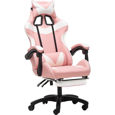 Sedia da gioco, sedia da ufficio regolabile in altezza con funzione di inclinazione regolabile, con orecchie di gatto e poggiatesta con supporto lombare e poggiapiedi (1/5)