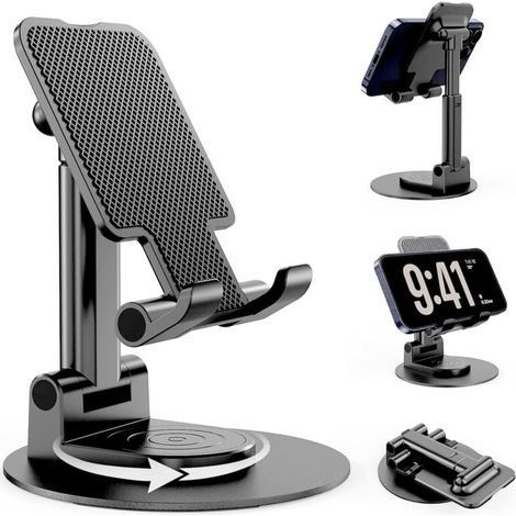 Phone Holder, Desk Phone Holder Foldable Phone Holder, iPhone Holder with 360° Rotatable Compatible iPhone Samsung Huawei iPad Mini All Smartphones - Black (1/5)