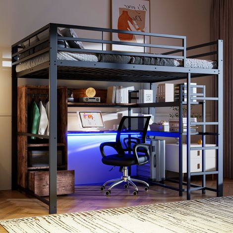 Letto a soppalco metallo e MDF nero 140x200 cm con scrivania, cassetto, scaffali e LED