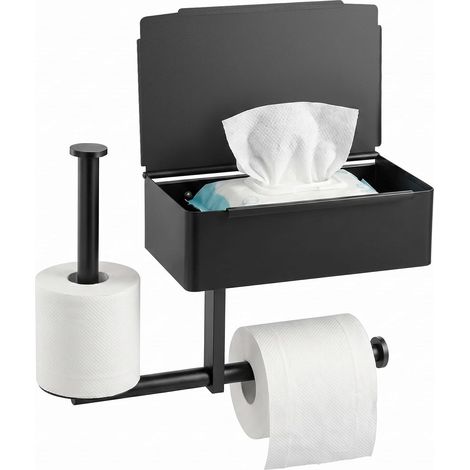 Schwarzer multifunktionaler Papierhalter zur Wandmontage mit Taschentuchbox und doppeltem Toilettenpapierhalter, rostbeständiges Badezimmer-Aufbewahrungszubehör für Taschentücher und Toilettenpapier (1/5)