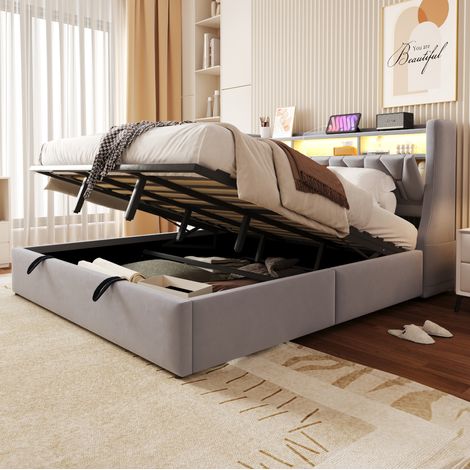 Cama dormitorio 180x200 con almacenamiento LED gris OKMYHOME (1/5)