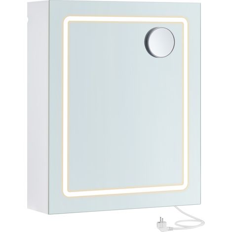 Armoire Murale Salle de Bain avec Miroir, avec LED, Multiprise, Fonction Anti-buée, Miroir Grossissant 10x, Style Moderne, 16,5 x 50 x 60 cm, Blanc (1/5)