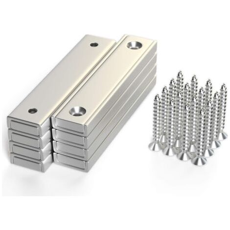 Aimants en pot rectangulaires en néodyme 30kg Force de traction Lot de 8 avec trou fraisé, vis de montage, aimants solides en terre rare de qualité industrielle pour la maison (1/5)