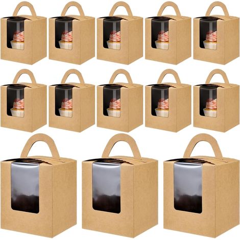 20-Piece Cupcake Boxes with Handles, Muffin Boxes with Windows, Kraft Paper Cake Boxes, Portable PVC Cake Boxes with Windows for Birthday Parties and Weddings (1/5)