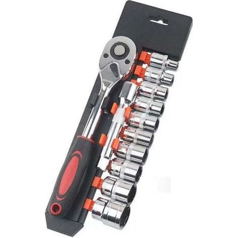 1/4" socket set, 12 pieces, metric drive 4-13 mm with 24-tooth quick-release ratchet wrench and 6" extension bar