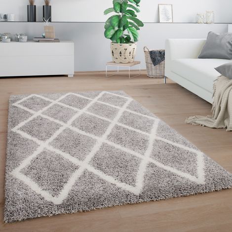 Paco Home Hochflor Teppich Wohnzimmer Shaggy Skandinavisches Muster Rautenmotiv Grau Weiß 60x100 cm