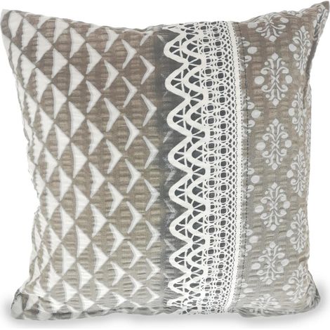 Funda de almohada de seersucker de 40x40 cm con estampado de encaje gris y lazos.