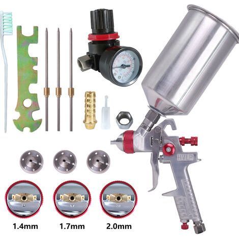 HVLP Kit de Pistolet à peinture avec Réservoir en Aluminium 1000 cc 3 Buses 1.4 mm, 1.7 mm, 2.0 mm(rouge)