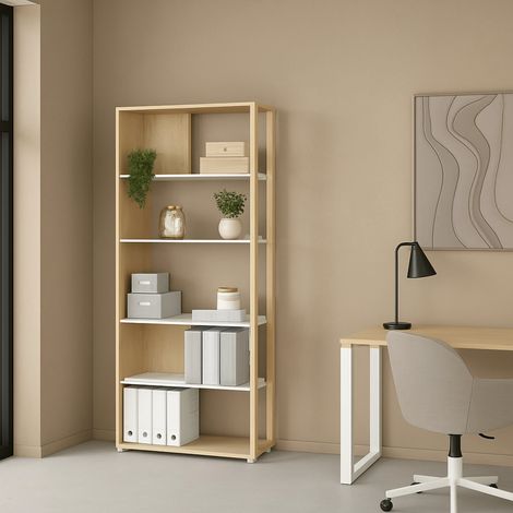 Dmora - Estante para libros MuGuiying, Estante de oficina, Porta libros móvil, Biblioteca, 80x34 h205 cm, Roble y Blanco (1/5)