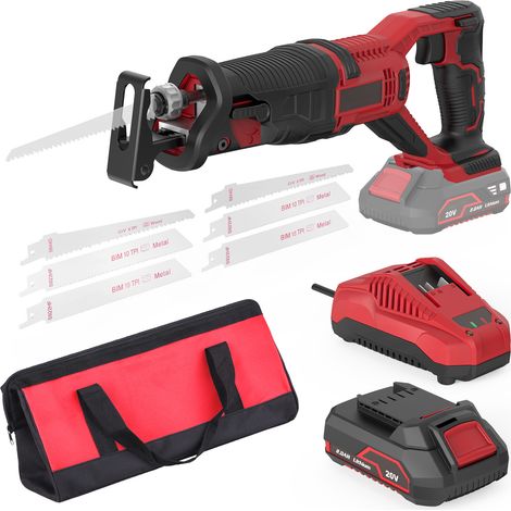 Reciprocating Saw 20V Cordless Reciprocating Saw with 2.0Ah Battery & Charger 0-3000 SPM Variable Speed Trigger 6Pcs Saw Blades for Wood/Metal/PVC Pipe Cutting