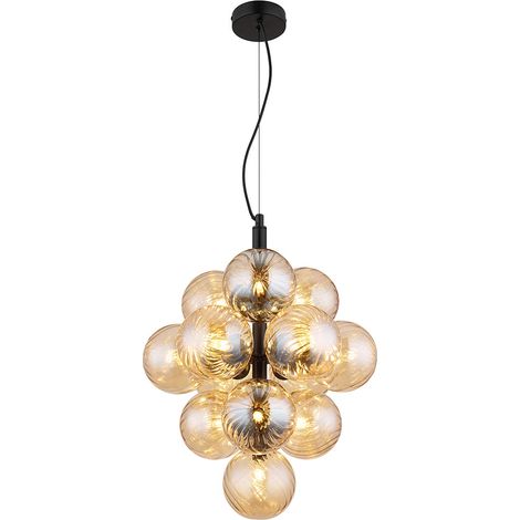 Suspension Globe avec abat-jour en verre ambré noir mat, 13 boules G9 (1/5)