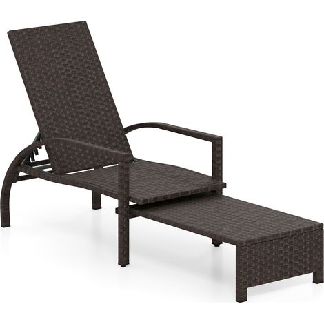 Chaise Longue de Jardin avec Ottomane Rétractable, Bain de Soleil en Rotin avec Dossier Réglable 6 Niveaux, Transat Exterieur Inclinable, Charge 180kg (1/5)