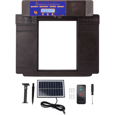 Porte de poulailler automatique solaire professionnelle infrarouge anti-pincement, plusieurs modes, minuterie, capteur de lumière et télécommande, marron foncé (1/5)