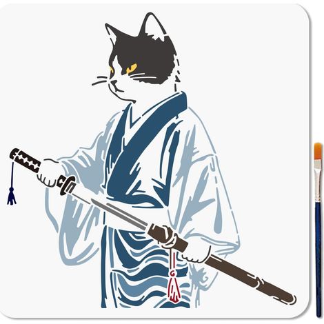 Pochoir de Chat Samouraï Pochoir de Chat de Dessin Animé Modèle de Dessin de Kimono de Style Japonais de 30x30cm avec Pinceau pour Mur Meubles Papier Toile Scrapbooking Décoration (1/5)