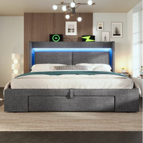lit adulte coffre rangement 160x200 LED USB gris lin OKMYHOME (1/5)