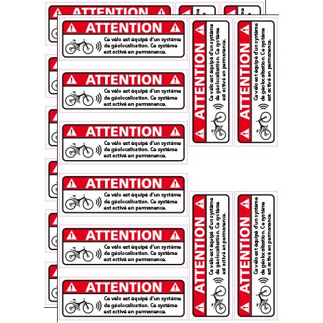 2 PLANCHES DE 10 ADHESIFS ATTENTION VELO EQUIPÉD'UN SYSTEME DE GEOLOCALISATION (G1447PL10X2). Adhésif .  - Adhésif