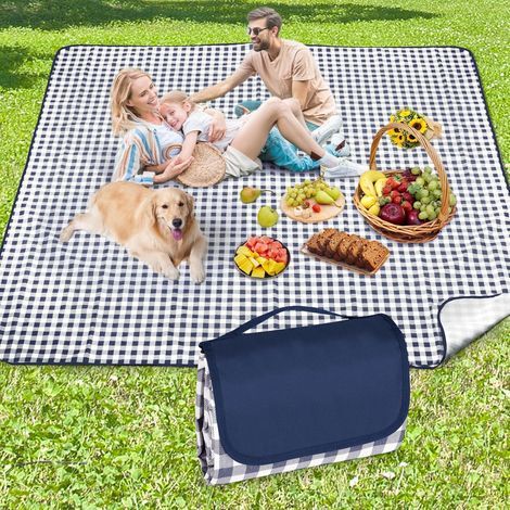 Large waterproof picnic blanket, 200 x 200 cm, sand-resistant, machine washable, with carrying handle, for camping, beach, family picnics, blue plaid pattern (1/5)