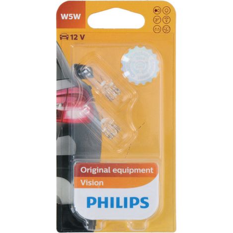 Lot de 2 ampoules 12V T10 5W en blister, lumière blanche, Philips