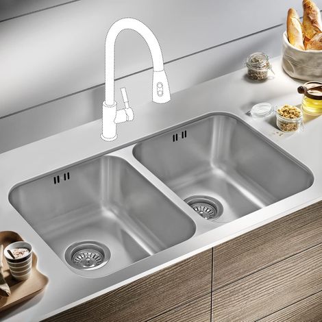 JASSFERRY Undermount Square Stainless Steel Kitchen Sink 2 Double Bowl with Waste Pipes, 750 X 440 mm