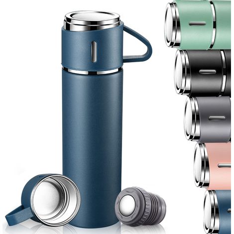 Gourde Isotherme 500ml, Bouteille Isotherme Inox avec Tasse et Couvercle, sans BPA, Mug Isotherme Etanche de Voyage(Bleu)
