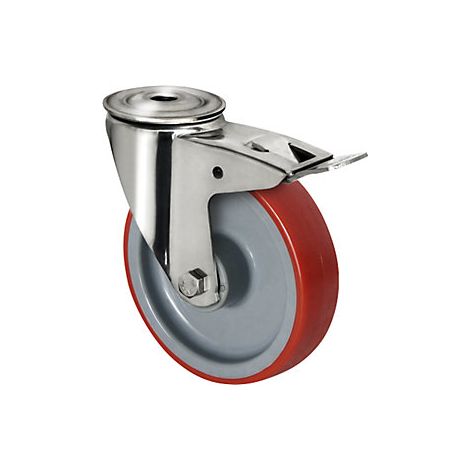 CASCOO Rückenlochlenkrolle mit Totalfeststeller ø 80 mm Serie N2U6 Rollenlager Edelstahl