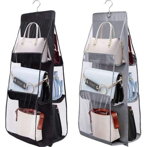Set di 2 organizer da appendere per borse, 6 tasche, organizer per armadio, borse portaoggetti da appendere, organizer pieghevole per armadio (nero + grigio) (1/5)