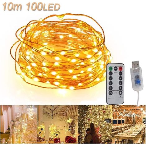 Guirlande Lumineuse Led Usb 10m 100 Led Télécommande Fil De Cuivre Guirlande Lumineuse Étanche Ip65 Lumières Ambiantes Pour Chambres, Décoration De Noël, Mariage, Chambre, Maison, Fête Blanc Chaud GRO (1/5)