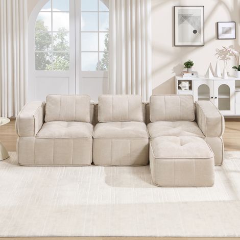 Canapé d'angle modulaire en L 3 places avec pouf, canapé nuage sans cadre en polyester, mousse haute densité 32D, assise profonde antidérapante, sans montage, 271 x 162 x 67 cm, Beige