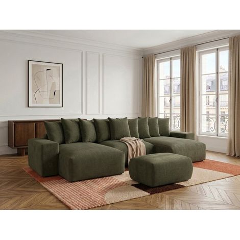 BOBOCHIC - Canapé panoramique convertible coffre VOLTAIRE tissu chiné avec pouf Vert (1/5)