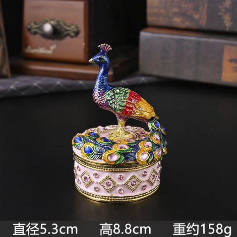Boîte à bijoux ronde (rose) motif paon, boîte de rangement en émail pour bagues et boucles d'oreilles. (1/2)