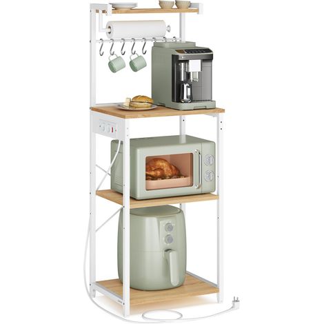 VASAGLE Scaffale da Cucina con Multipresa, Bar Caffèa 4 Ripiani con 8 Ganci a S, Ripiano Regolabile, Supporto per Microonde, 40 x 45 x 140 cm, Rovere Dorato e Bianco Nuvola KKS013YA02 (1/5)