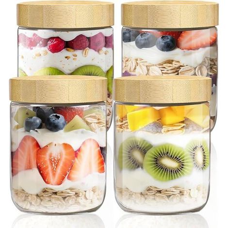 4 pièces Overnight Oats Jar 500ml,Bocaux en Verre Hermétique,Jar avec Couvercles en Bois à Vis Scellésm,pour BOCAUX DE CONSERVATION (1/5)