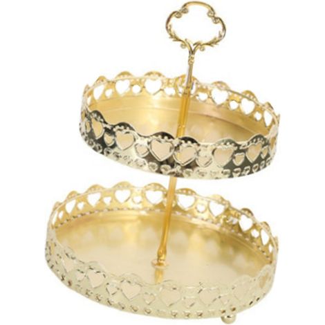 Plateau à pâtisserie double étage décoratif en cuivre doré, orné d'un cœur ajouré, idéal pour présenter biscuits et desserts lors d'un mariage. Parfait pour un mariage. (1/5)