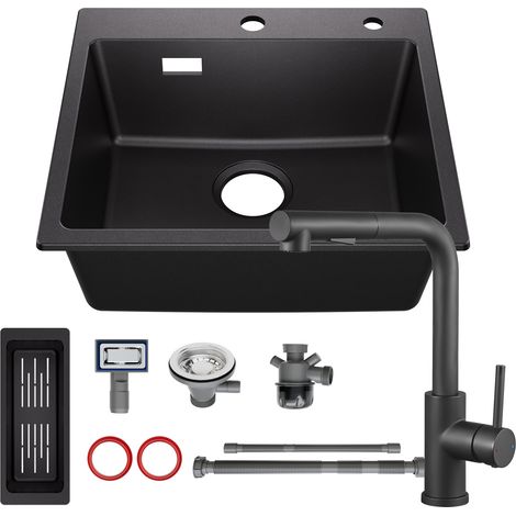 Sofetiy Max Évier en granit 50 × 45 cm, évier de cuisine en résine avec mitigeur extractible, évier à poser incluant panier d'égouttage et siphon (1/5)