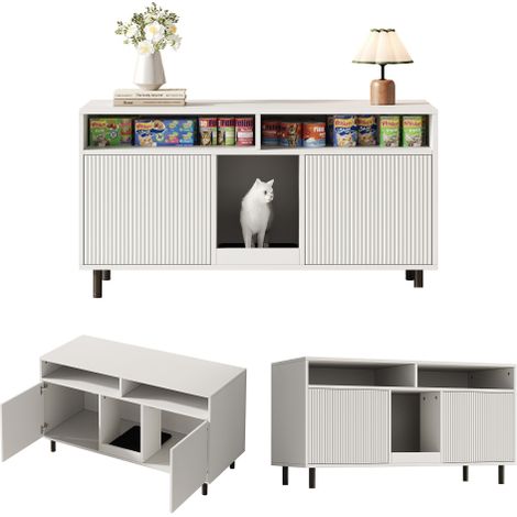 Meuble litière pour chat, cache-litière, buffet meuble TV avec tapis récupérateur et rangement, 120x50x66 cm, blanc (1/5)