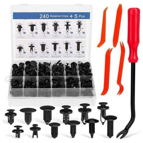 240 clips de pare-chocs, clips de voiture, rivets en plastique, 12 tailles courantes et 5 outils de retrait de fixations, kit de fixations à pression automatique, kit de rivets à goupille. (1/4)