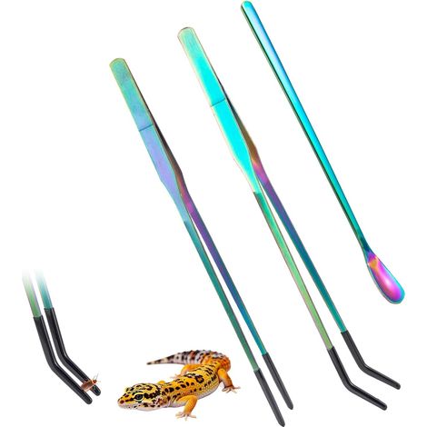 Pack of 3 Reptile Feeding Tongs Feeding Spoon (27 cm + 17.7 cm), Aquarium Tweezers, Stainless Steel Erade/Curved Tweezers with Rubber Tip, Feeding Spoon, Feeding Tool for Bearded Dragons, Geckos (1/5)