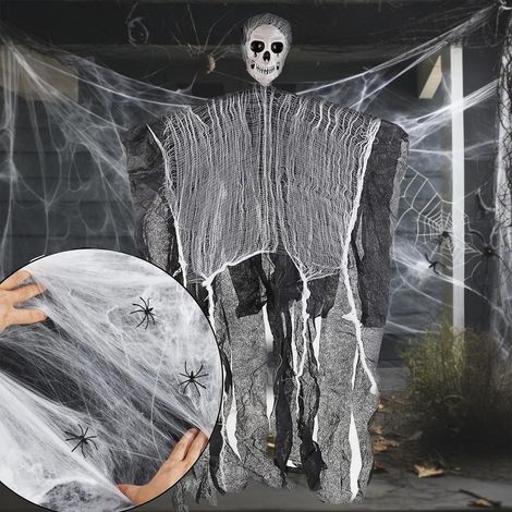 Décoration d'Halloween : squelettes et fantômes suspendus avec toiles d'araignée, fantômes flottants à suspendre à la maison, sur la terrasse, la pelouse ou à la fenêtre, à l'intérieur comme à l'extér (1/5)