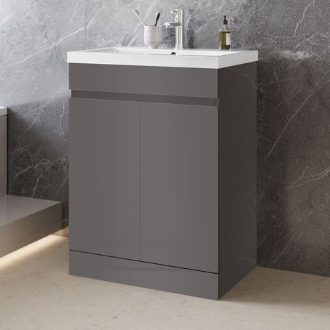 High Gloss Anthracite MDF Vanity Unitгм600390mm, FloorstandingгмDetachableгмSoft CloseгмDual-doorгм+ 610395mm White Thin Ceramic Basin (1/5)