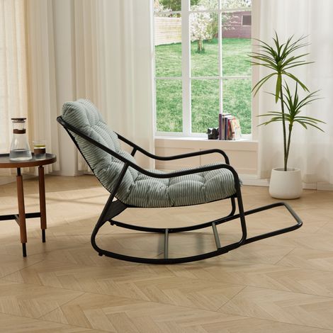 Fauteuil à bascule jardin, assise rembourrée épaisse, parfait pour séjour, chambre ou espace détente lecture. Cadre noir, coussin vert clair. (1/5)