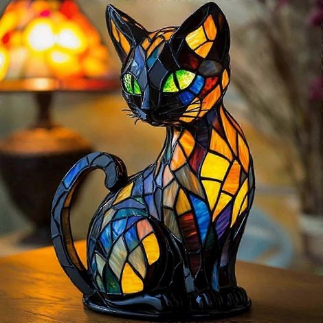 Luminaire de Table Rétro en Verre Teinté, Lampe LED Résine Chat 3D, Déco Maison Mignonne pour Animal (1/5)