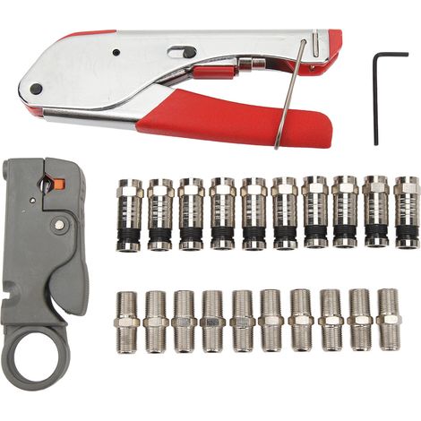 Coax Cable Crimper Tool Kit Coaxial Compression Set with 1 Stripper 10 Set F Type RG6 Connectors Adapters