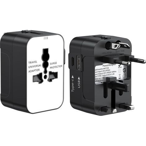 2-teiliger Universal-Reiseadapter, internationaler Steckeradapter mit 1 USB- und 1 USB-C-Anschluss für Frankreich, USA, Großbritannien, EU, Japan, China, Australien, Irland, Thailand, Mexiko, Brasilie (1/5)