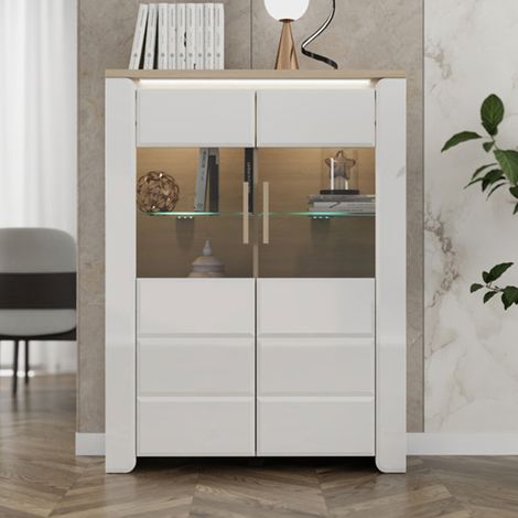 Vitrine Erto: Schaukasten 2 Einlegeböden, 2 Türen, Glasdetail an Tür und Böden, 96x35x130h cm, Mattweiß (1/5)